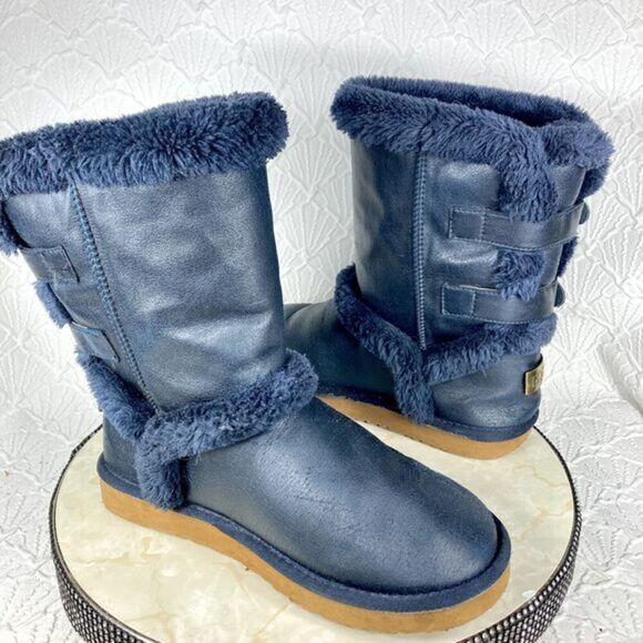 UGG Boots Womens Sz 10 Navy Blue Becket Suede Shearling Sheepskin Buckle Booties - Picture 11 of 13